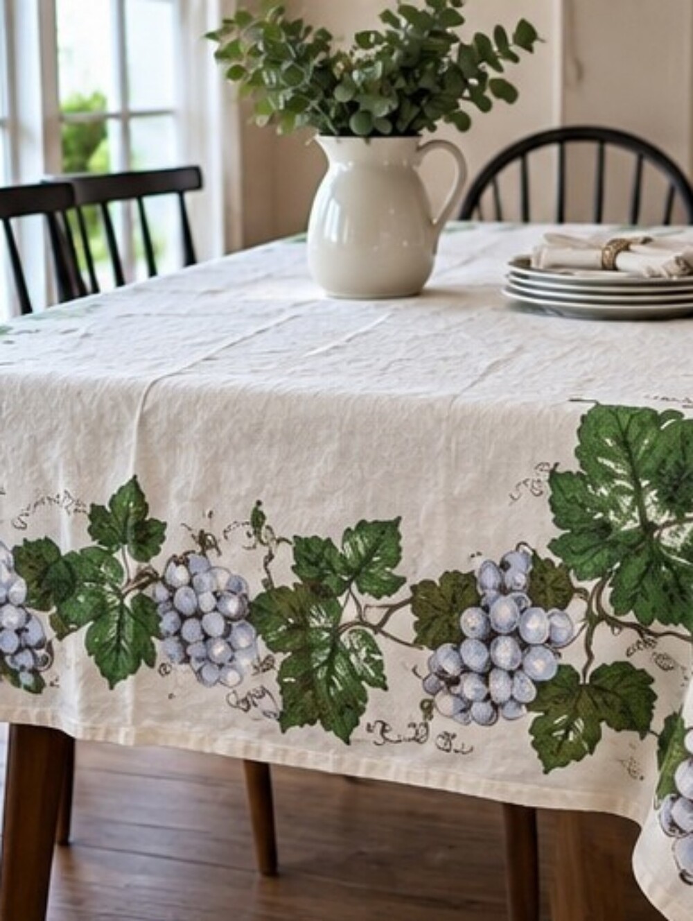 Vintage 100% Linen Tablecloth 64x50 Grape Vine Print Cottagecore